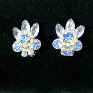 Vintage style clip-on blue rhinestone earrings